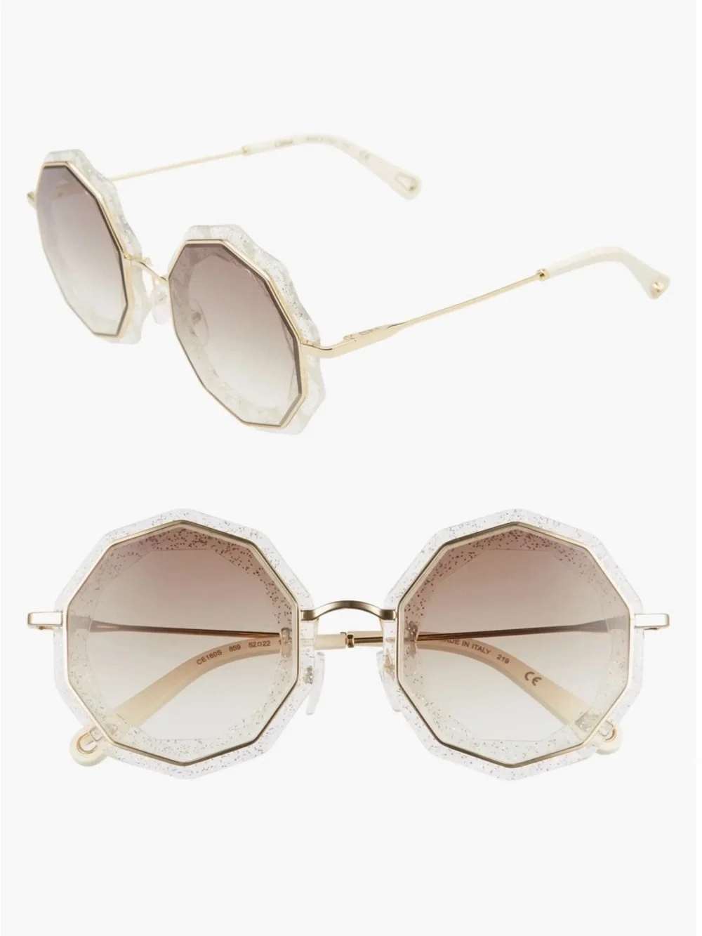 Chloe White Glitter Octagonal Sunglasses with Gold Temples